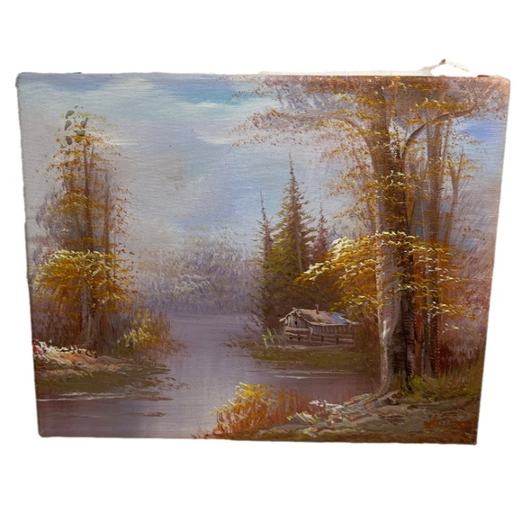 Vintage Signed Oil Painting Cabin In The Woods Measuring 10”x 8” - Picture 7 of 16